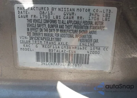 2016 Nissan Versa 1.6 S+ z USA, uszkodzony, nr VIN 3N1CN7APXGL817897